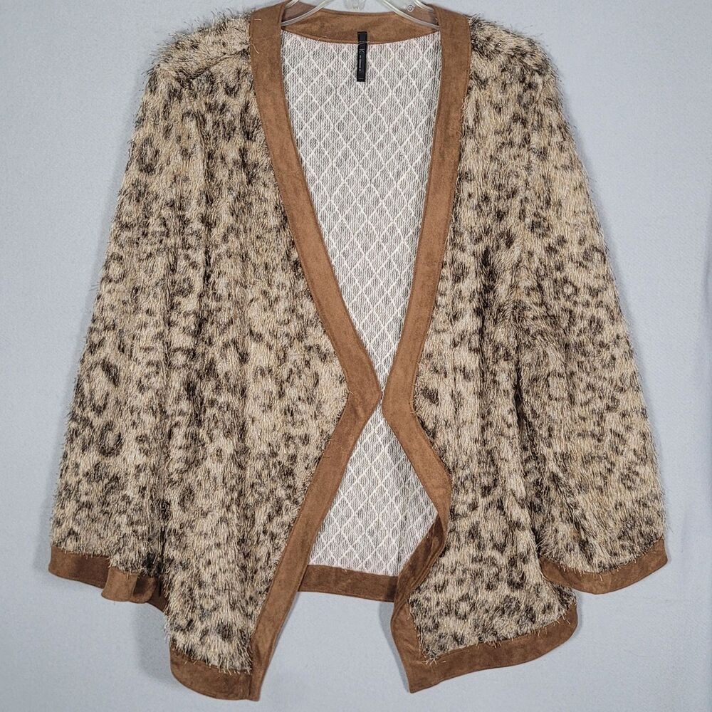 Vtg IC by Connie K Cardigan Womens XXL Brown Faux Mohair Cheetah AOP Open Front